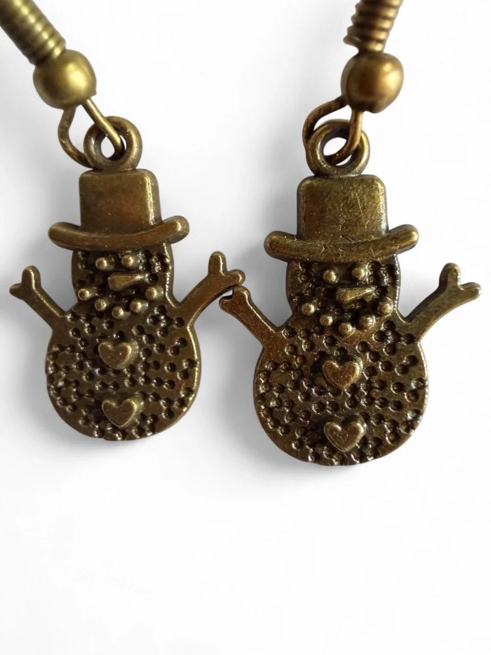 Handmade Bronze Snowman Earrings Cute Winter Holiday Jewelry ❄️☃️ - Picture 3 of 5
